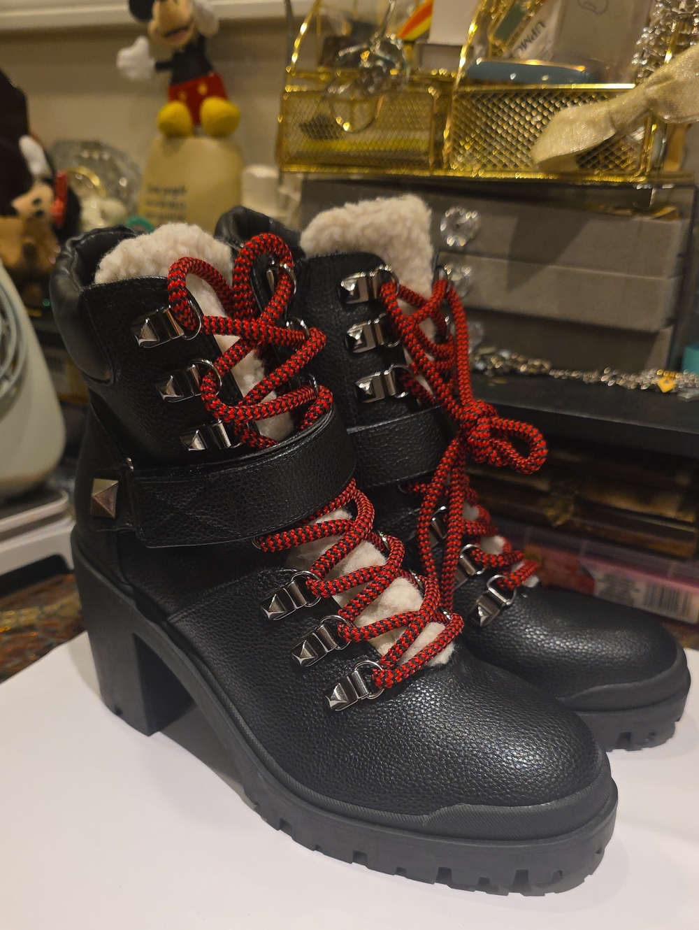 Marc Fisher Black Heeled Hiker Boots with Red Laces